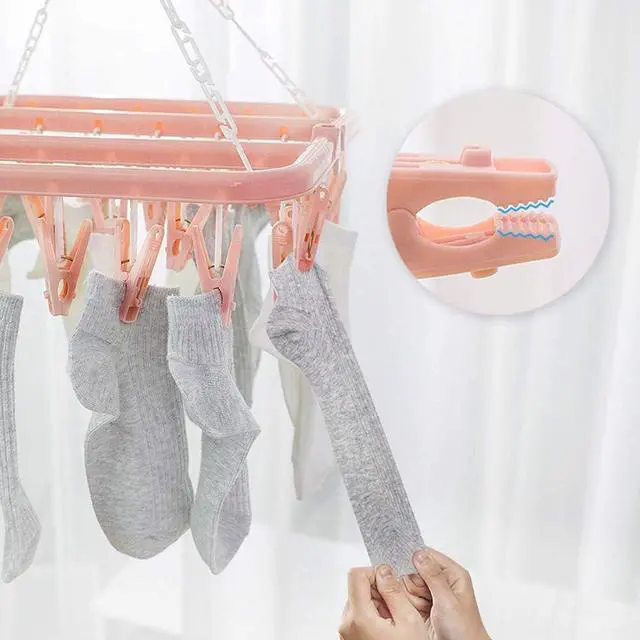 Alt view image 6 of 7 - SteelFever Clothes Drying Hanger with 32 Clips, Foldable Hanging Drying Rack for Clothes Underwear Socks (Light Pink)