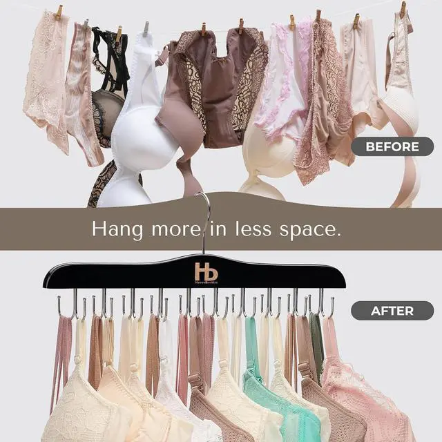 Alt view image 4 of 7 - Large Bra Hanger and Bra Organizer for Closet Tank Top Hanger Space Saving for House, Dorm, Apartment - Foldable Wooden for Closet Organizer with 20 Hook - Lotus Wood, Black, 1 Pack