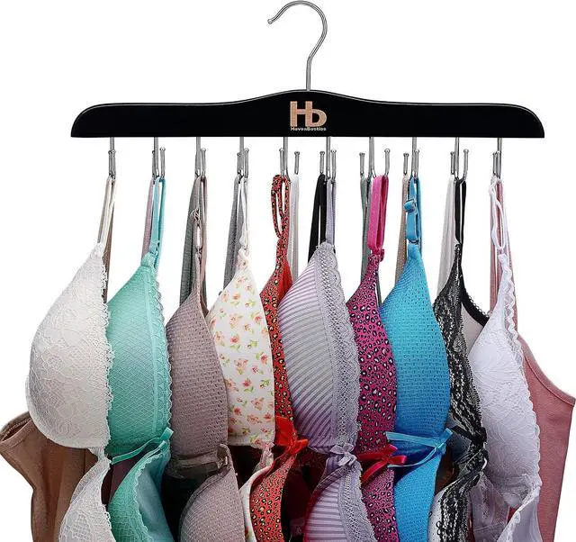 Main image of Large Bra Hanger and Bra Organizer for Closet Tank Top Hanger Space Saving for House, Dorm, Apartment - Foldable Wooden for Closet Organizer with 20 Hook - Lotus Wood, Black, 1 Pack