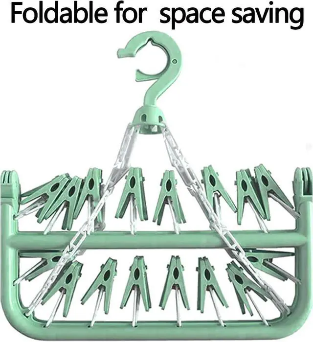 Alt view image 3 of 7 - Clothes Drying Hanger with 32 Clips and Drip Foldable Hanging Rack (Light Green)