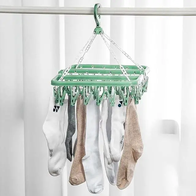 Alt view image 6 of 7 - Clothes Drying Hanger with 32 Clips and Drip Foldable Hanging Rack (Light Green)
