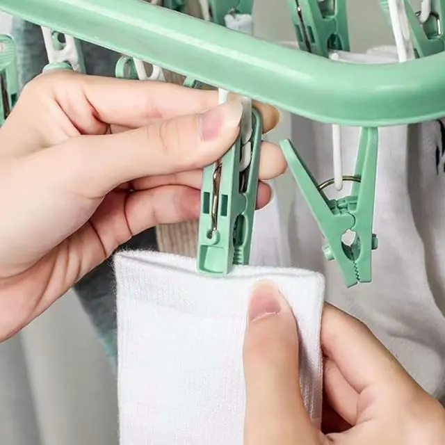 Alt view image 5 of 7 - Clothes Drying Hanger with 32 Clips and Drip Foldable Hanging Rack (Light Green)