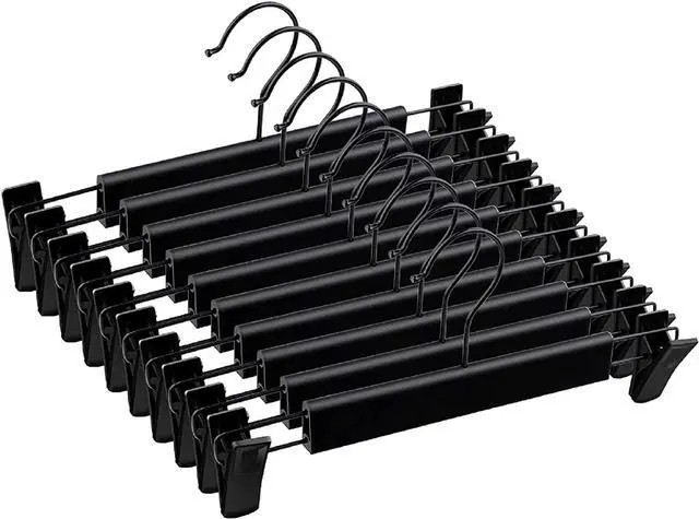 Main image of Pants Hangers with Clips, Skirt Hangers, 10 Pack, Black | Plastic clip hangers for pants, skirts, jeans and shorts; 360° swivel hooks help save closet space.