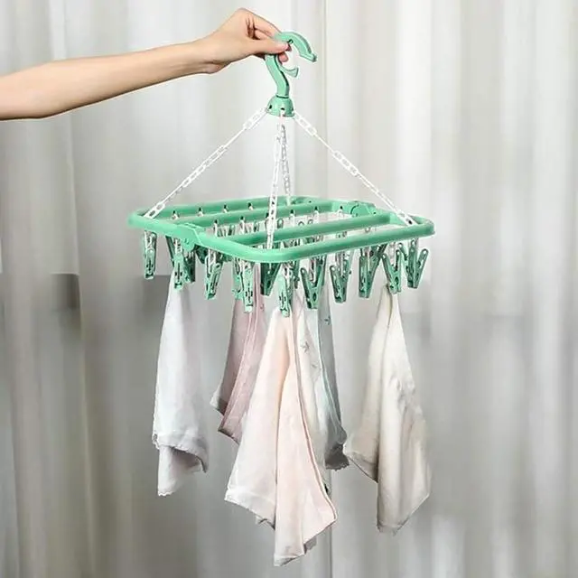 Alt view image 7 of 7 - Clothes Drying Hanger with 32 Clips and Drip Foldable Hanging Rack (Light Green)