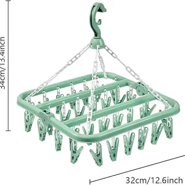 Alt view image 2 of 7 - Clothes Drying Hanger with 32 Clips and Drip Foldable Hanging Rack (Light Green)