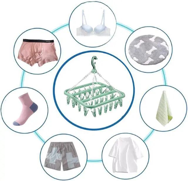 Alt view image 4 of 7 - Clothes Drying Hanger with 32 Clips and Drip Foldable Hanging Rack (Light Green)
