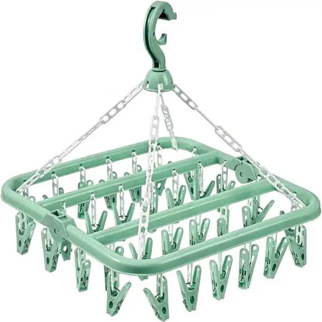 Main image of Clothes Drying Hanger with 32 Clips and Drip Foldable Hanging Rack (Light Green)