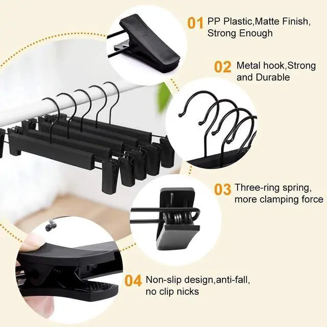 Alt view image 3 of 7 - Pants Hangers with Clips, Skirt Hangers, 10 Pack, Black | Plastic clip hangers for pants, skirts, jeans and shorts; 360° swivel hooks help save closet space.