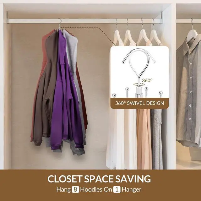 Alt view image 3 of 6 - ZEDODIER Hoodie Hangers Space Saving, Sweatshirt Organizer for Closet | Rotating Metal Hoodies Storage Holder with 8 Hooks, Hanging Rack for Apartment College Dorm Room, Silver
