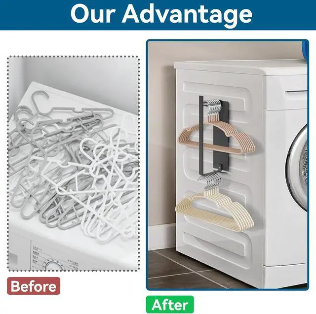 Alt view image 5 of 7 - Hanger Storage Organizer, Magnetic Hanger Holder for Laundry Room sunoyar | Clothes Hanger Stacker for Dryer, Washer, Strong Magnetic, No Drill, Capacity Upgrade 2.76"3.35", Black 1Pack