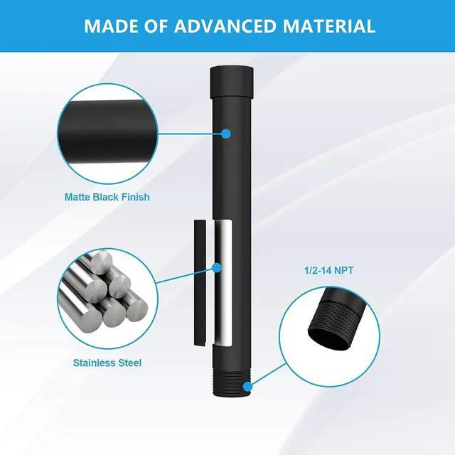 Alt view image 4 of 7 - Lordear 6 Inch Shower Head Extension Arm, Solid T304 Stainless Steel | Straight Shower Head Extender, Universal 1/2 NPT Connection for Rain Shower Head, Black