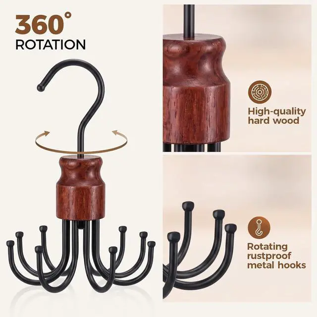 Alt view image 2 of 7 - 2 Pack Tank Top Hanger, Rotating Bra Organizer for Closet | Wooden Bra Holder with 8 Foldable Hooks, Heavy-Duty Sports Bras Hanger Space-Saving Storage for Bras, Scarves, Belts and More