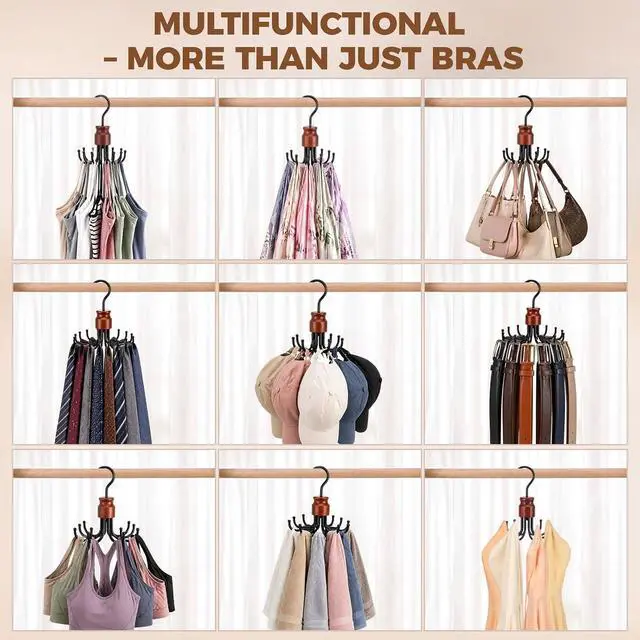 Alt view image 6 of 7 - 2 Pack Tank Top Hanger, Rotating Bra Organizer for Closet | Wooden Bra Holder with 8 Foldable Hooks, Heavy-Duty Sports Bras Hanger Space-Saving Storage for Bras, Scarves, Belts and More