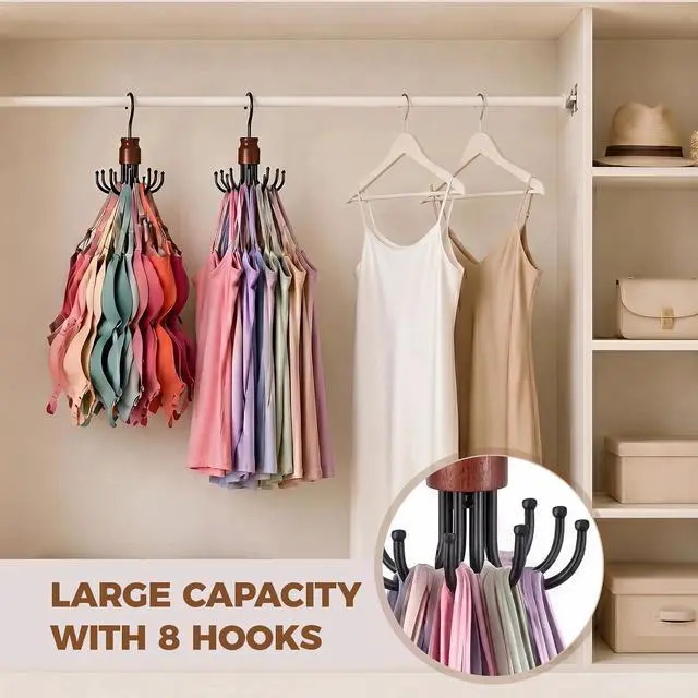 Alt view image 5 of 7 - 2 Pack Tank Top Hanger, Rotating Bra Organizer for Closet | Wooden Bra Holder with 8 Foldable Hooks, Heavy-Duty Sports Bras Hanger Space-Saving Storage for Bras, Scarves, Belts and More
