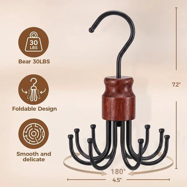 Alt view image 4 of 7 - 2 Pack Tank Top Hanger, Rotating Bra Organizer for Closet | Wooden Bra Holder with 8 Foldable Hooks, Heavy-Duty Sports Bras Hanger Space-Saving Storage for Bras, Scarves, Belts and More