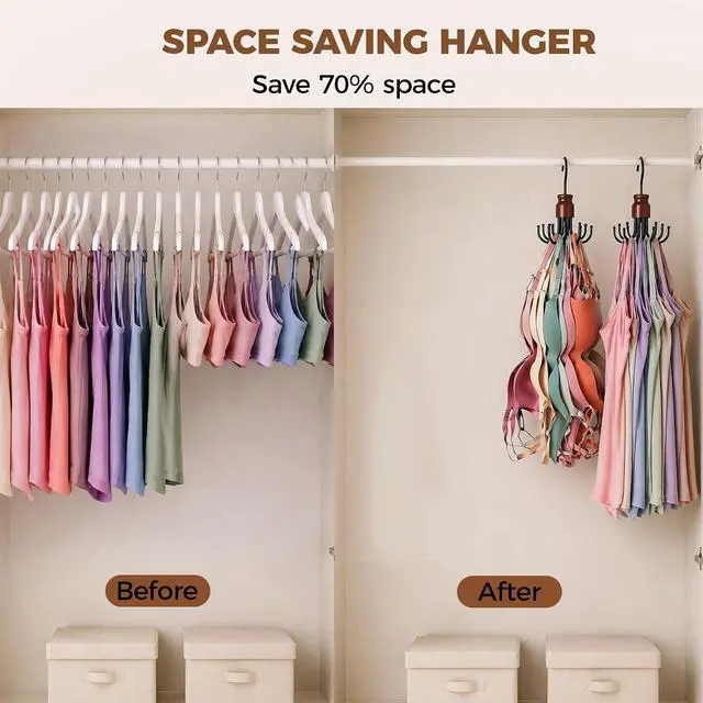 Alt view image 3 of 7 - 2 Pack Tank Top Hanger, Rotating Bra Organizer for Closet | Wooden Bra Holder with 8 Foldable Hooks, Heavy-Duty Sports Bras Hanger Space-Saving Storage for Bras, Scarves, Belts and More