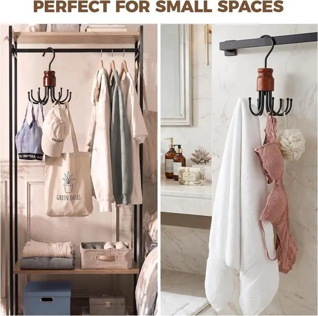 Alt view image 7 of 7 - 2 Pack Tank Top Hanger, Rotating Bra Organizer for Closet | Wooden Bra Holder with 8 Foldable Hooks, Heavy-Duty Sports Bras Hanger Space-Saving Storage for Bras, Scarves, Belts and More