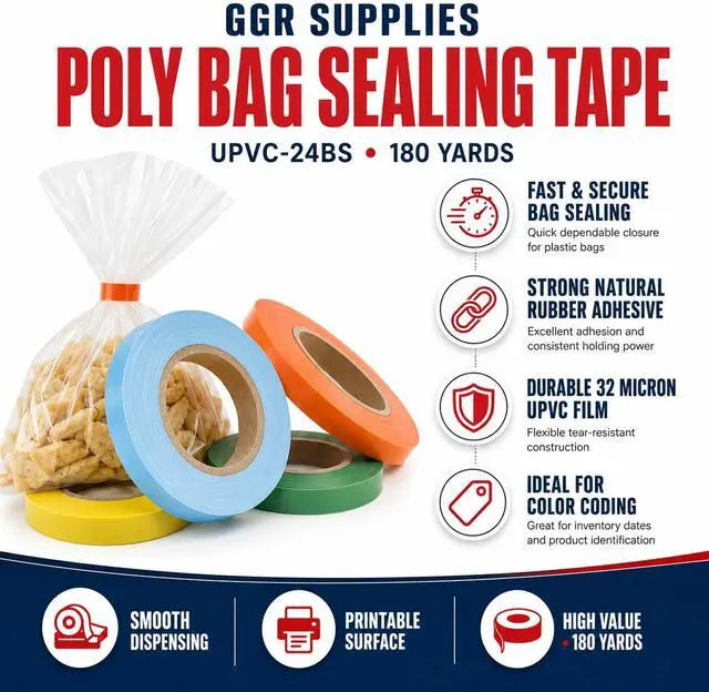 Alt view image 2 of 6 - GGR Supplies UPVC-24BS Light Blue Poly Bag Sealing Tape, 3/8 Inch x 180 Yards, Bag Sealing Tape for Produce, Bakery, Candy, Food Packaging and Inventory Color Coding