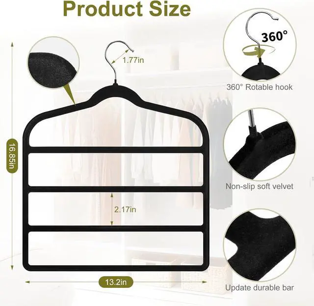 Alt view image 3 of 7 - Pants Hangers Space Saving, 2 Pack Velvet-Coated Plastic Multi-Layer Hangers, Non-Slip Closet Organizer for Small Closets and College Dorms, Hanging Trousers, Scarves, Ties, Towels, Black