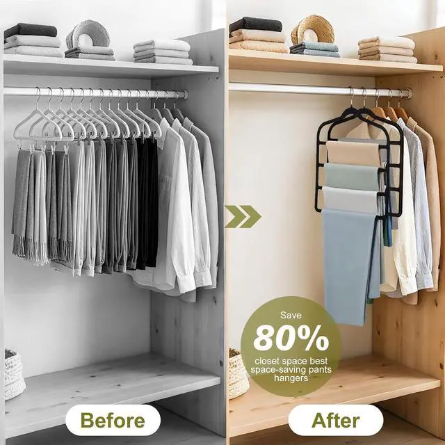 Alt view image 4 of 7 - Pants Hangers Space Saving, 2 Pack Velvet-Coated Plastic Multi-Layer Hangers, Non-Slip Closet Organizer for Small Closets and College Dorms, Hanging Trousers, Scarves, Ties, Towels, Black