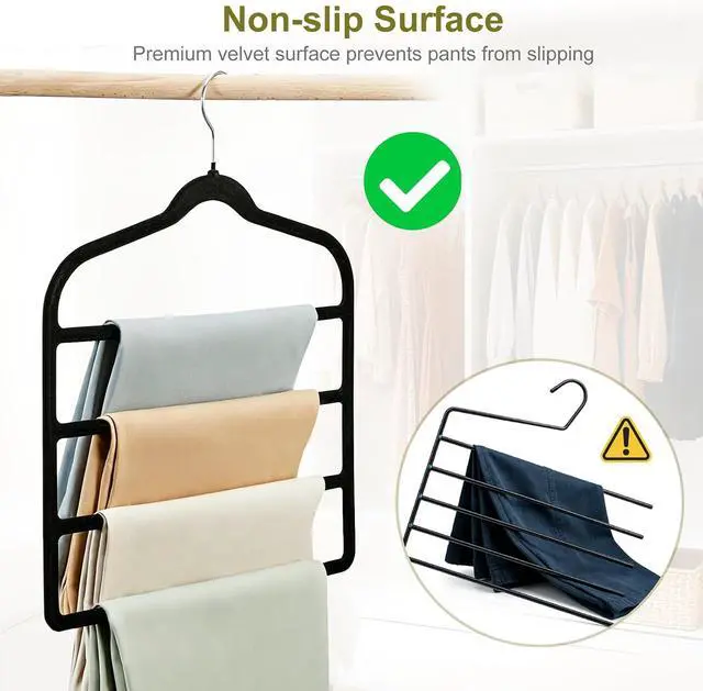Alt view image 5 of 7 - Pants Hangers Space Saving, 2 Pack Velvet-Coated Plastic Multi-Layer Hangers, Non-Slip Closet Organizer for Small Closets and College Dorms, Hanging Trousers, Scarves, Ties, Towels, Black