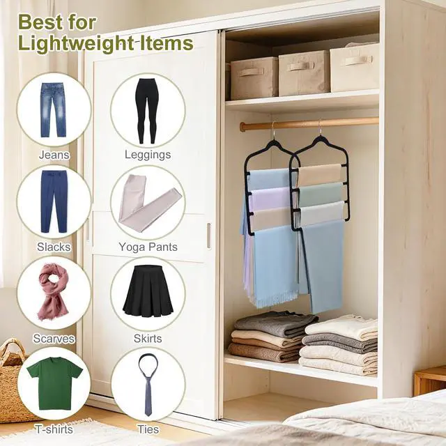 Alt view image 6 of 7 - Pants Hangers Space Saving, 2 Pack Velvet-Coated Plastic Multi-Layer Hangers, Non-Slip Closet Organizer for Small Closets and College Dorms, Hanging Trousers, Scarves, Ties, Towels, Black