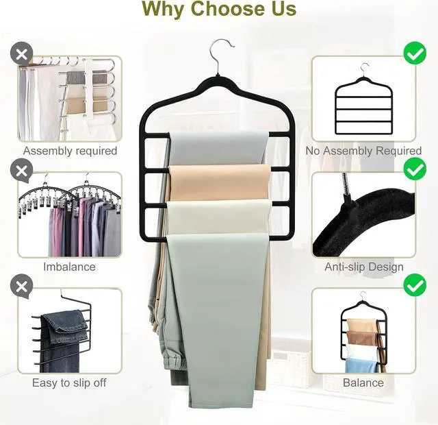 Alt view image 7 of 7 - Pants Hangers Space Saving, 2 Pack Velvet-Coated Plastic Multi-Layer Hangers, Non-Slip Closet Organizer for Small Closets and College Dorms, Hanging Trousers, Scarves, Ties, Towels, Black