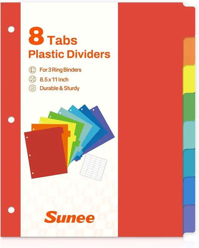Main image of SUNEE 8 Tab Binder Dividers,Plastic Dividers for 3 Ring Binder,3 Ring Binder Dividers with Tabs for School Office Home Supplies,Bright Color, 1 Set