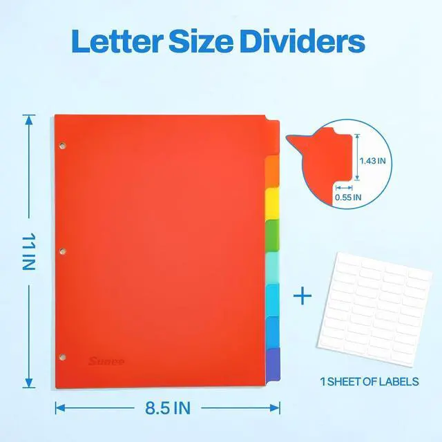Alt view image 2 of 7 - SUNEE 8 Tab Binder Dividers,Plastic Dividers for 3 Ring Binder,3 Ring Binder Dividers with Tabs for School Office Home Supplies,Bright Color, 1 Set