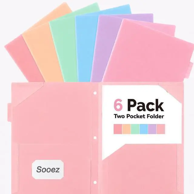 Main image of Sooez Plastic Folders with Pockets and Tabs, 6 Pack Pocket Folders with Writable Label Stickers, Fits 3-Ring Binder, Holds Letter/A4 Size Paper, Back to School Office Filing Supplies, Pastel Colors