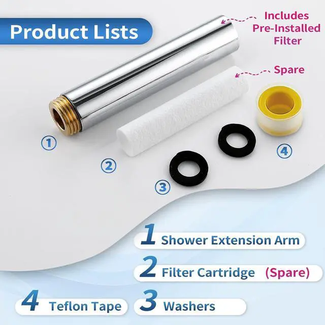 Alt view image 5 of 7 - 4" Showerhead Extension Arm w/PP Filter Cartridge, 4 Inch 304 Stainless Steel Chrome Shower Arm Extender, Traps Sediment & Rust, Prevents Clogging, Extends Showerhead Life in Hard Water Area