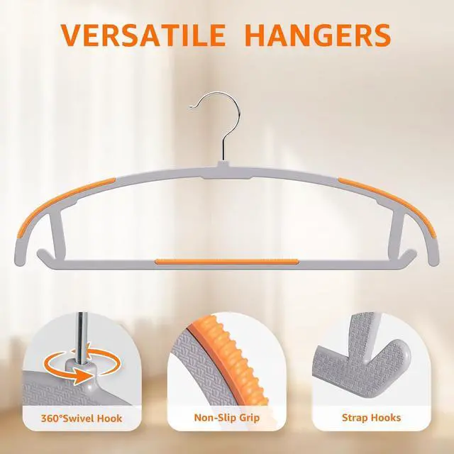 Alt view image 3 of 7 - Yolife Plastic Clothes Hangers 10 Pack with Non-Slip Pads, 17.5" L × 8.3" H Heavy Duty Hanger with 360° Swivel Metal Hook, Slim Space Saving Hangers for Closet Organizer, Gray & Orange