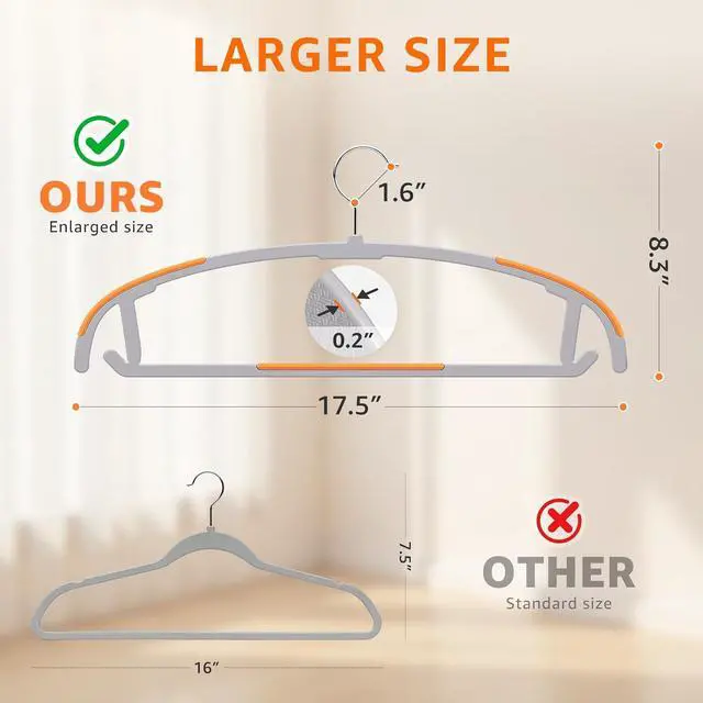 Alt view image 2 of 7 - Yolife Plastic Clothes Hangers 10 Pack with Non-Slip Pads, 17.5" L × 8.3" H Heavy Duty Hanger with 360° Swivel Metal Hook, Slim Space Saving Hangers for Closet Organizer, Gray & Orange