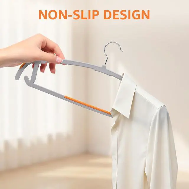 Alt view image 6 of 7 - Yolife Plastic Clothes Hangers 10 Pack with Non-Slip Pads, 17.5" L × 8.3" H Heavy Duty Hanger with 360° Swivel Metal Hook, Slim Space Saving Hangers for Closet Organizer, Gray & Orange