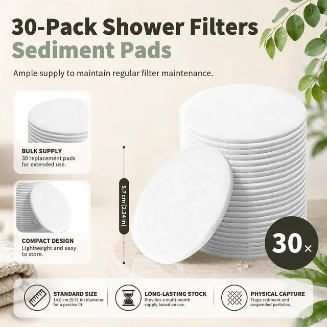 Alt view image 2 of 6 - Shower Filter Sediment Pad Compatible with AquaBliss SF400 SF500, 30-Pack | Captures dust & sand for shower water. Compatible with AquaBliss SF400 & SF500 shower filters. Rinsable & reusable.