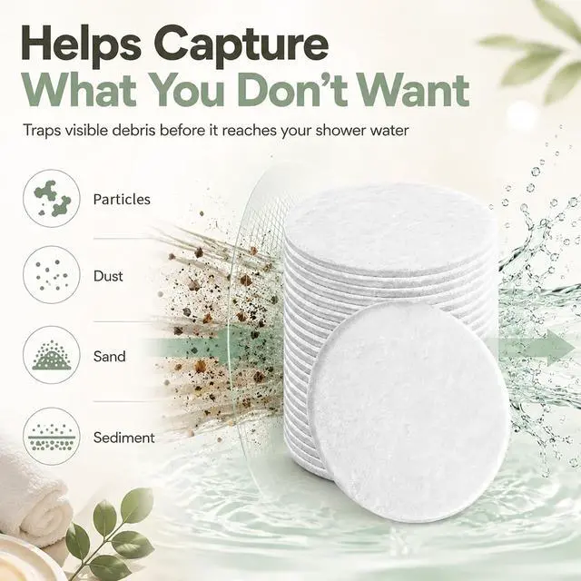 Alt view image 3 of 6 - Shower Filter Sediment Pad Compatible with AquaBliss SF400 SF500, 30-Pack | Captures dust & sand for shower water. Compatible with AquaBliss SF400 & SF500 shower filters. Rinsable & reusable.