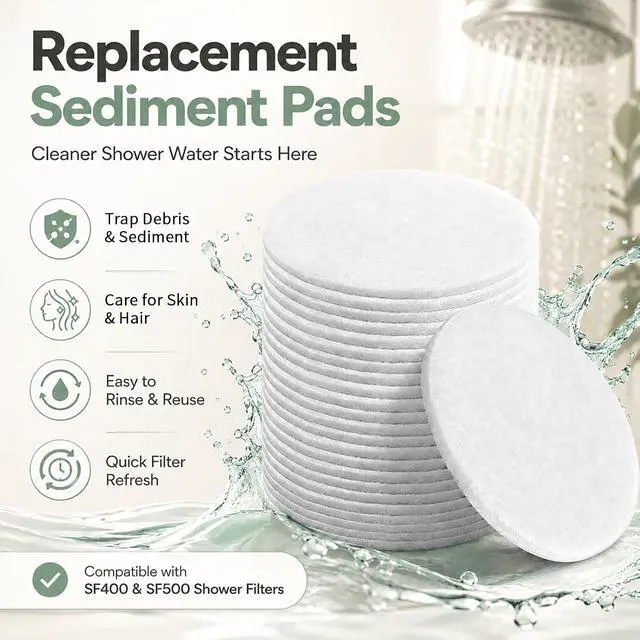 Alt view image 4 of 6 - Shower Filter Sediment Pad Compatible with AquaBliss SF400 SF500, 30-Pack | Captures dust & sand for shower water. Compatible with AquaBliss SF400 & SF500 shower filters. Rinsable & reusable.