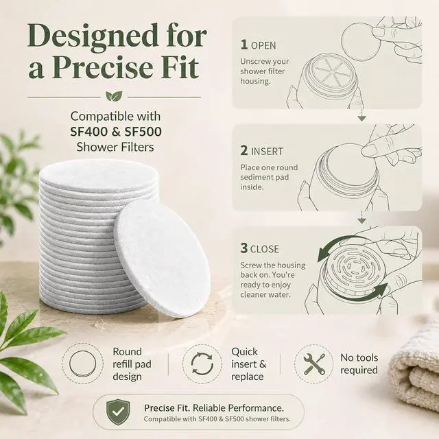 Alt view image 5 of 6 - Shower Filter Sediment Pad Compatible with AquaBliss SF400 SF500, 30-Pack | Captures dust & sand for shower water. Compatible with AquaBliss SF400 & SF500 shower filters. Rinsable & reusable.