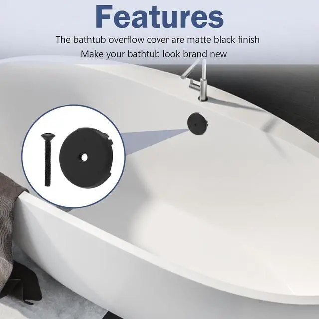 Alt view image 2 of 7 - Bathtub Overflow Drain Cover 3-1/8" Bath Tub Overflow Plate with Screw | Black Tub Cover Fits Most Bathtub Face Plate - 2 Pack