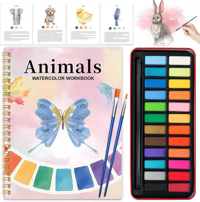Main image of Watercolor Workbook - Coloring Book Beginner Friendly Painting Kit, Watercolor Workbooks for Adults with 24 Colors Paint, Exploration Gift for Adults Teens (Animals)