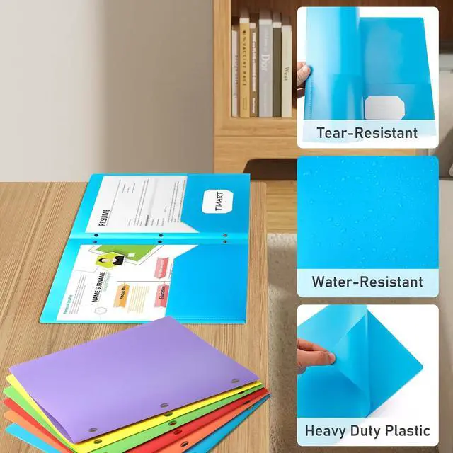 Alt view image 4 of 7 - Timart 2-Pocket Folders, Plastic Folders with Pockets 3 Hole Punched-6 Pack | Heavy Duty Plastic, for 3 Ring Binder, Fit Letter Size, Folders for School Office
