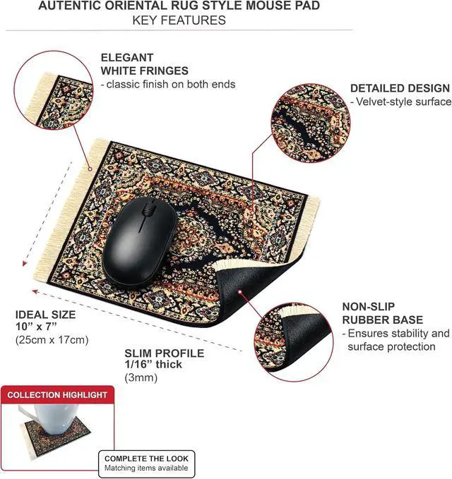 Alt view image 2 of 7 - Oriental Rug Mouse Pad Mini Carpet Style Mousepad with Fringe, Non-Slip Rubber Base, Aesthetic Desk Accessory for Office & Home, Blue | Inusitus