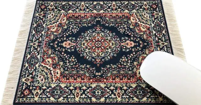 Alt view image 3 of 7 - Oriental Rug Mouse Pad Mini Carpet Style Mousepad with Fringe, Non-Slip Rubber Base, Aesthetic Desk Accessory for Office & Home, Blue | Inusitus