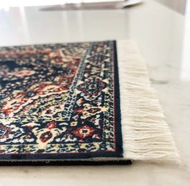 Alt view image 4 of 7 - Oriental Rug Mouse Pad Mini Carpet Style Mousepad with Fringe, Non-Slip Rubber Base, Aesthetic Desk Accessory for Office & Home, Blue | Inusitus