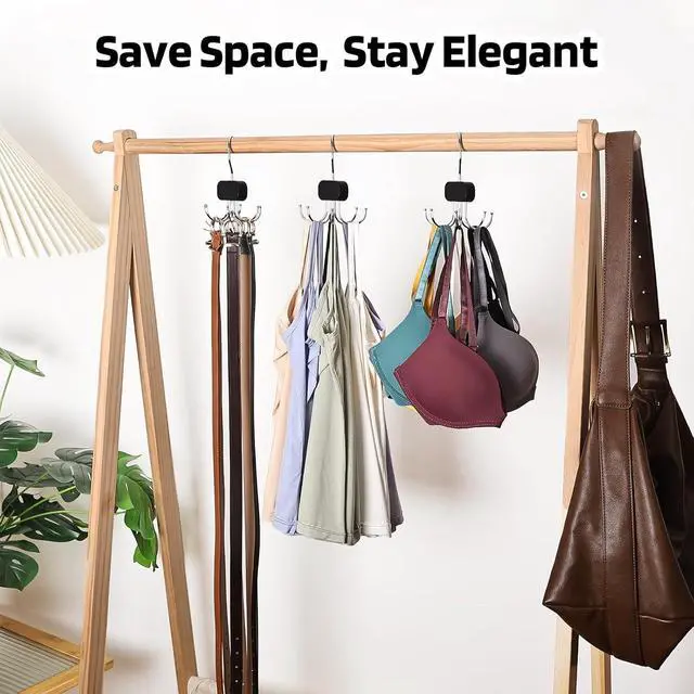 Alt view image 4 of 7 - 3 Pack Tank Top Hangers, Premium Bra Hanger for Closet Organizer | 2026 Upgraded Design, 360° Rotating & Foldable, Space Saving Wooden Hanger for Tank Tops, Bras, Belts and More (Black)