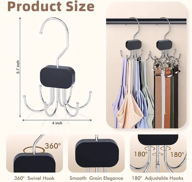 Alt view image 3 of 7 - 3 Pack Tank Top Hangers, Premium Bra Hanger for Closet Organizer | 2026 Upgraded Design, 360° Rotating & Foldable, Space Saving Wooden Hanger for Tank Tops, Bras, Belts and More (Black)