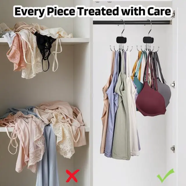 Alt view image 5 of 7 - 3 Pack Tank Top Hangers, Premium Bra Hanger for Closet Organizer | 2026 Upgraded Design, 360° Rotating & Foldable, Space Saving Wooden Hanger for Tank Tops, Bras, Belts and More (Black)