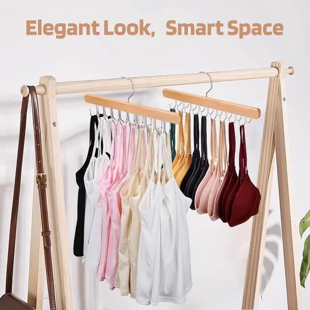 Alt view image 2 of 7 - NECAMOCU 2 Pack Bra Hanger for Closet Organizer, Premium Tank Top Hangers | Wooden Bra Holder with 36 Foldable Hooks, 360° Rotating Design, Space Saving Storage for Tank Tops, Bras, Belts, and More