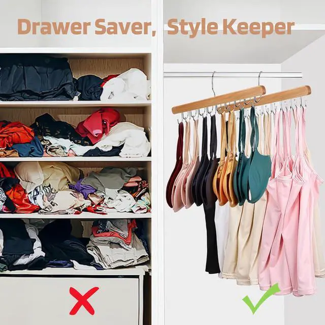 Alt view image 4 of 7 - NECAMOCU 2 Pack Bra Hanger for Closet Organizer, Premium Tank Top Hangers | Wooden Bra Holder with 36 Foldable Hooks, 360° Rotating Design, Space Saving Storage for Tank Tops, Bras, Belts, and More