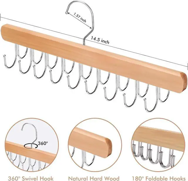Alt view image 3 of 7 - NECAMOCU 2 Pack Bra Hanger for Closet Organizer, Premium Tank Top Hangers | Wooden Bra Holder with 36 Foldable Hooks, 360° Rotating Design, Space Saving Storage for Tank Tops, Bras, Belts, and More
